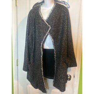 Black & White Speckled Open Front Cardigan With Frayed Edges & Pockets
